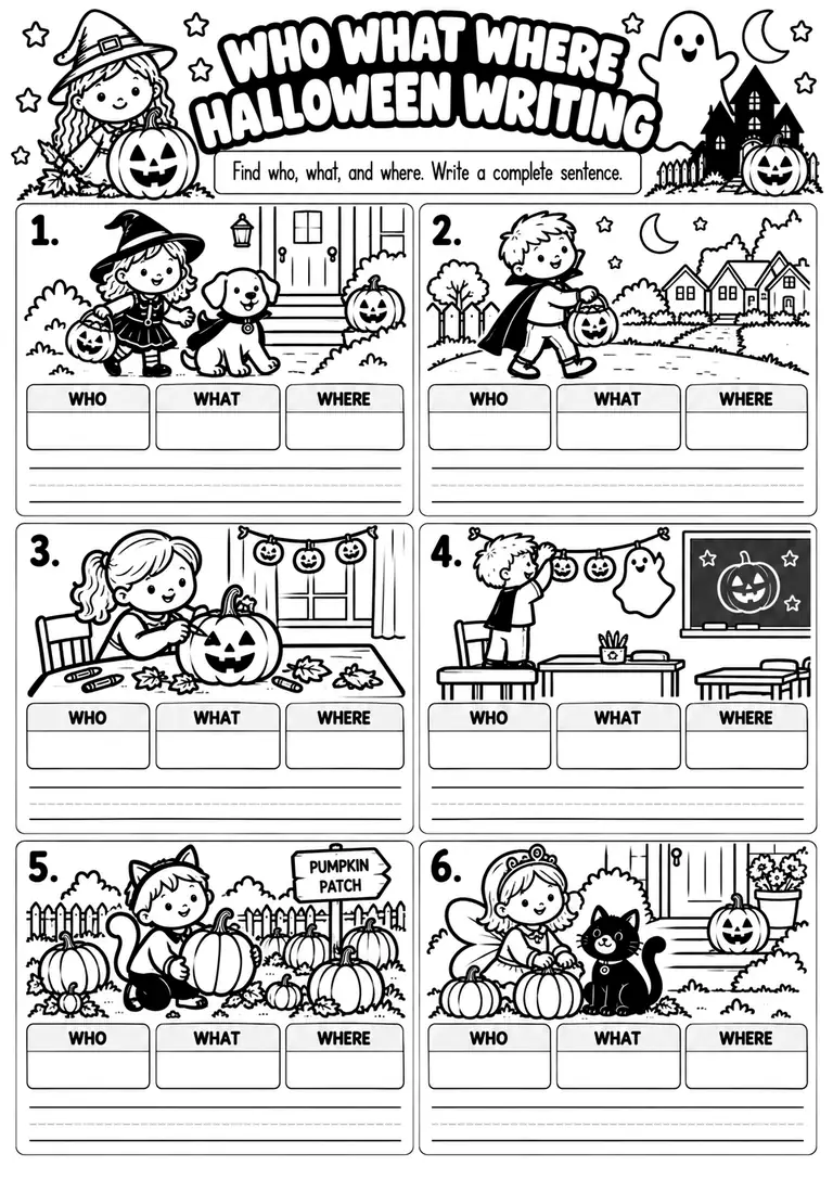 WHO WHAT WHERE HALLOWEEN WRITING for Kindergarten, 1st Grade