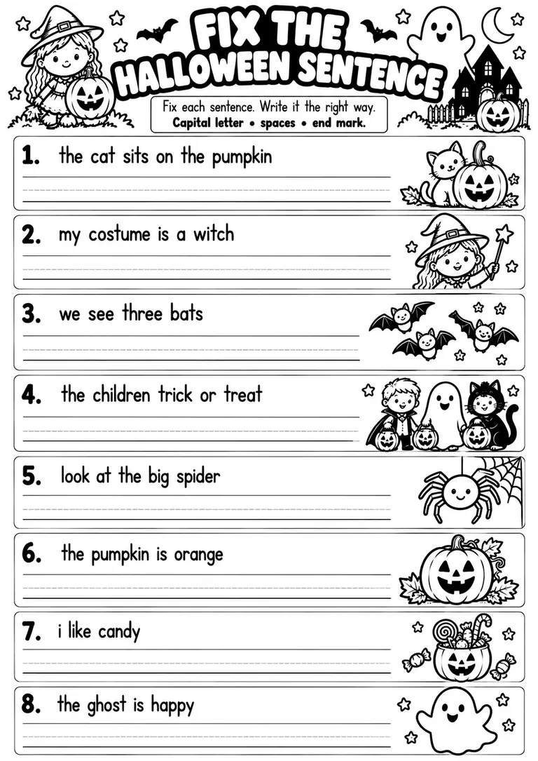 FIX THE HALLOWEEN SENTENCE for Kindergarten, 1st Grade