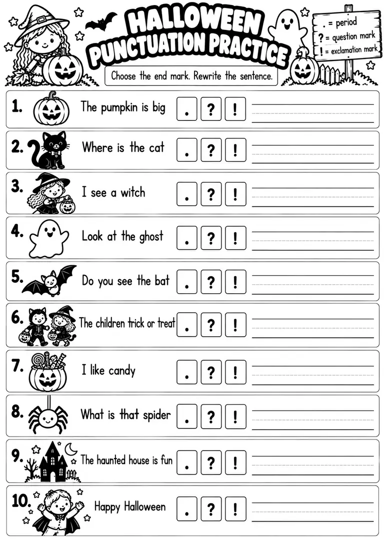 HALLOWEEN PUNCTUATION PRACTICE for Kindergarten, 1st Grade
