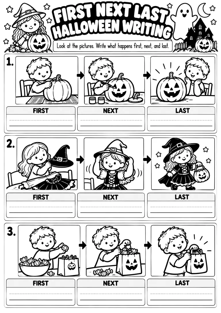 FIRST NEXT LAST HALLOWEEN WRITING for Kindergarten, 1st Grade