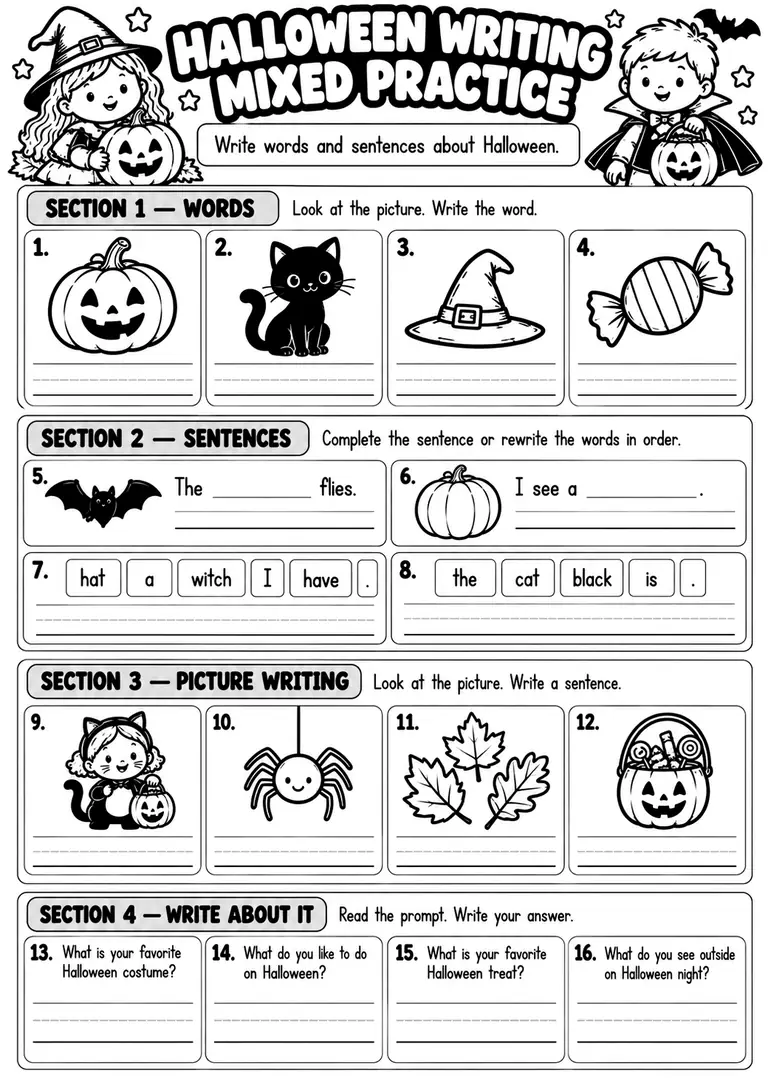 HALLOWEEN WRITING MIXED PRACTICE for Kindergarten, 1st Grade