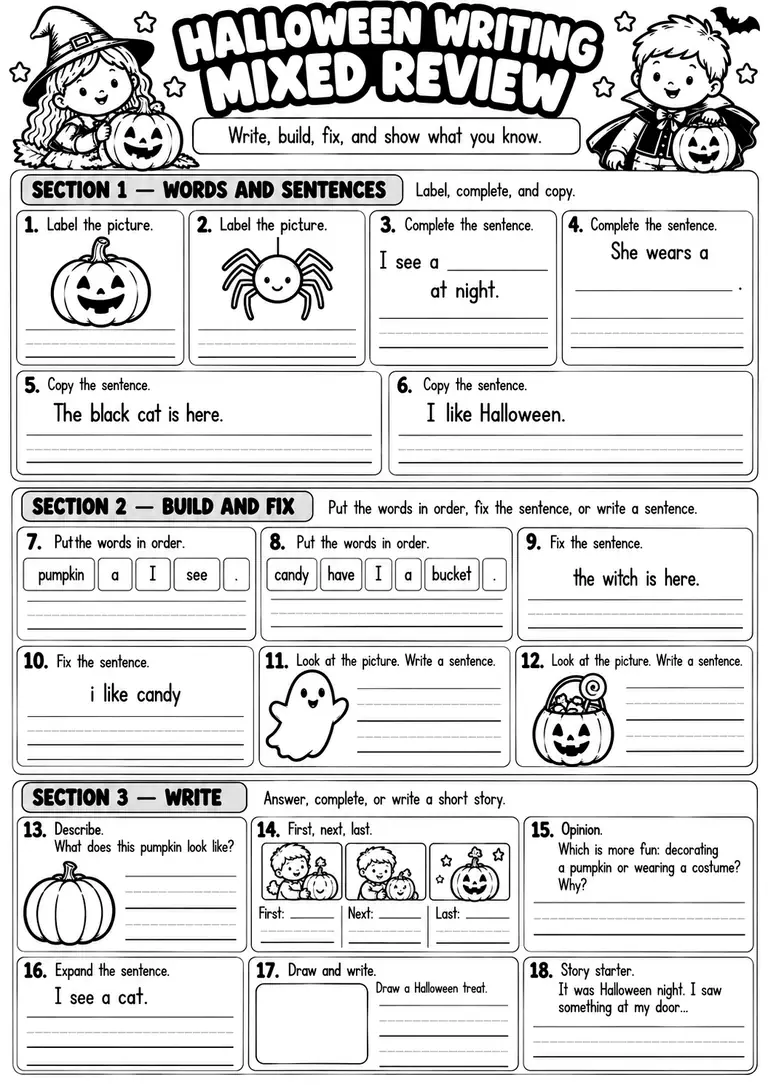 HALLOWEEN WRITING MIXED REVIEW for Kindergarten, 1st Grade