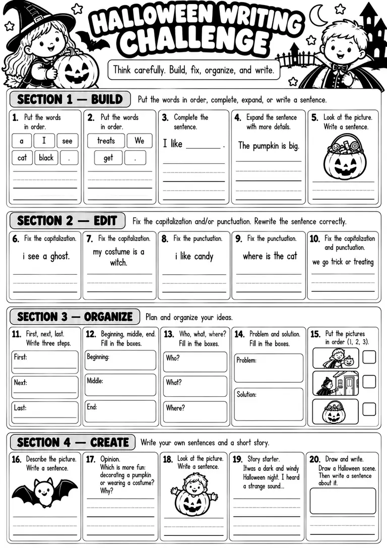 HALLOWEEN WRITING CHALLENGE for Kindergarten, 1st Grade