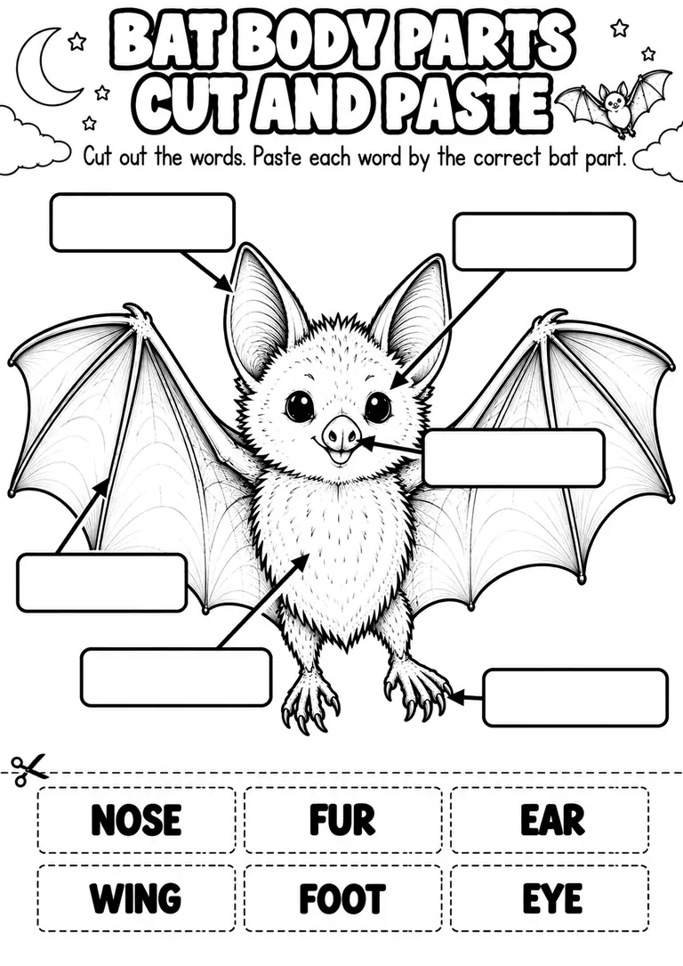 BAT BODY PARTS CUT AND PASTE for Kindergarten, 1st Grade