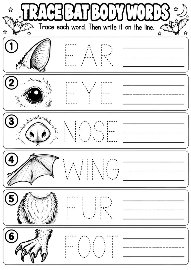TRACE BAT BODY WORDS for Kindergarten, 1st Grade