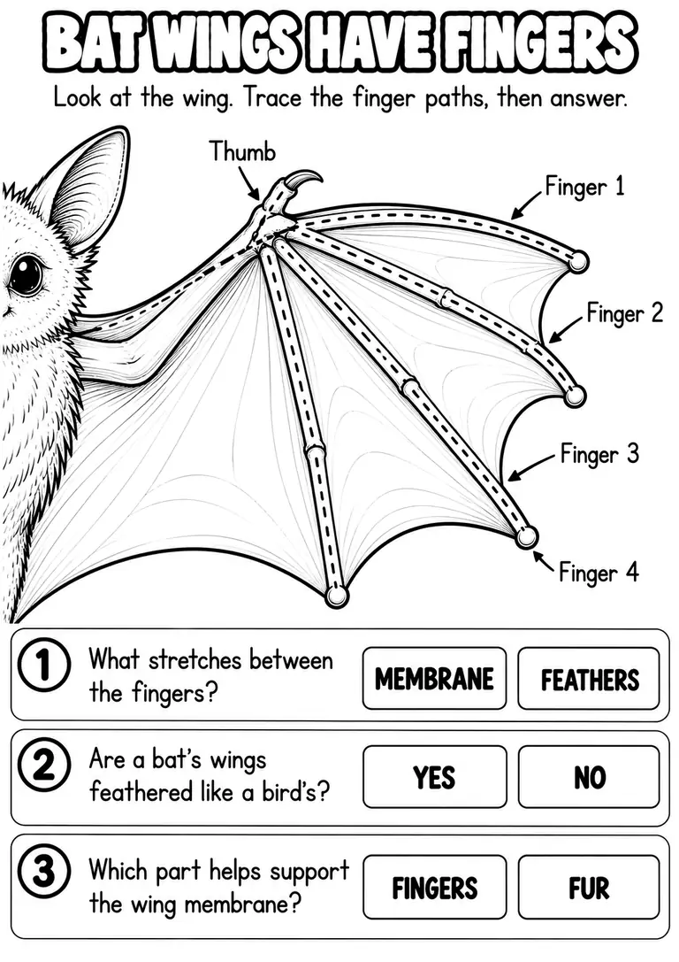 BAT WINGS HAVE FINGERS for Kindergarten, 1st Grade
