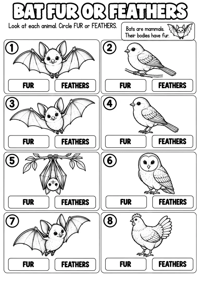 BAT FUR OR FEATHERS for Kindergarten, 1st Grade