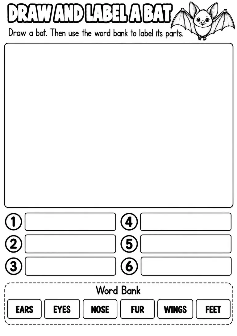 DRAW AND LABEL A BAT for Kindergarten, 1st Grade