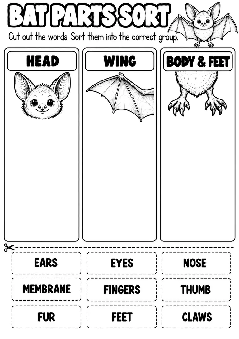 BAT PARTS SORT for Kindergarten, 1st Grade