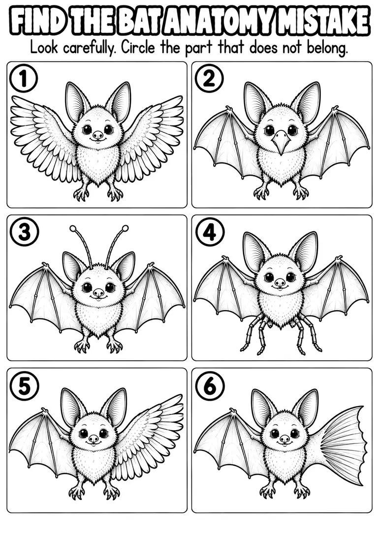 FIND THE BAT ANATOMY MISTAKE for Kindergarten, 1st Grade