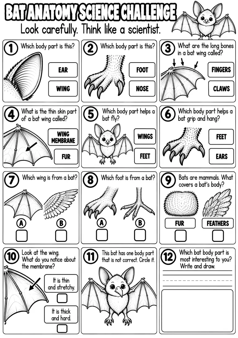 BAT ANATOMY SCIENCE CHALLENGE for Kindergarten, 1st Grade