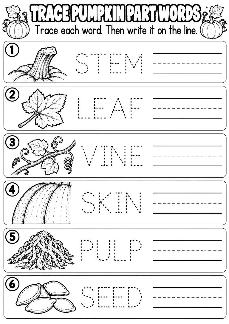 TRACE PUMPKIN PART WORDS for Pre-K, Kindergarten, 1st Grade