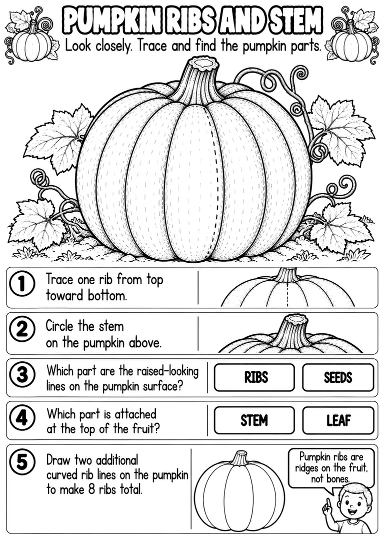 PUMPKIN RIBS AND STEM for Pre-K, Kindergarten, 1st Grade