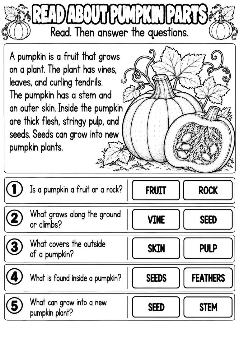READ ABOUT PUMPKIN PARTS for Pre-K, Kindergarten, 1st Grade