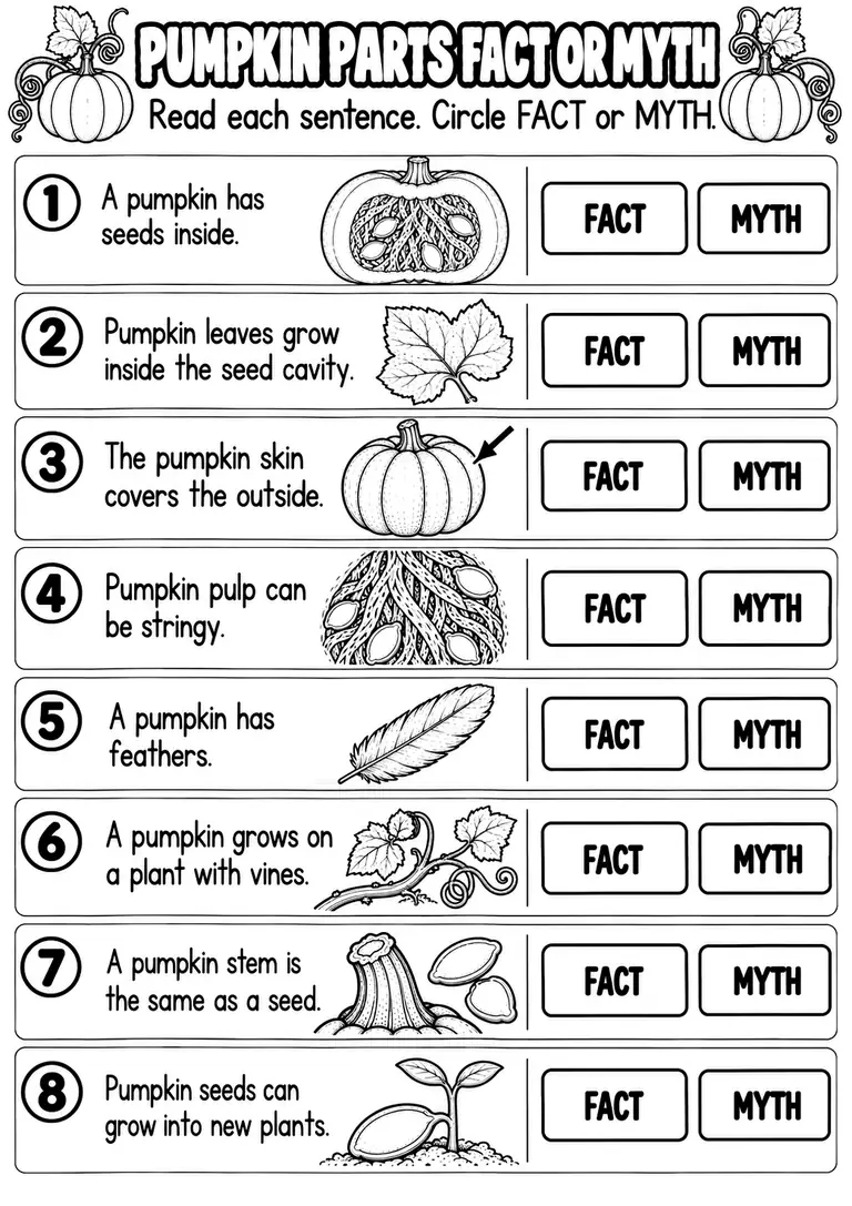 PUMPKIN PARTS FACT OR MYTH for Pre-K, Kindergarten, 1st Grade