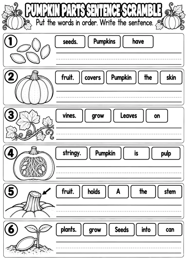 PUMPKIN PARTS SENTENCE SCRAMBLE for Pre-K, Kindergarten, 1st Grade