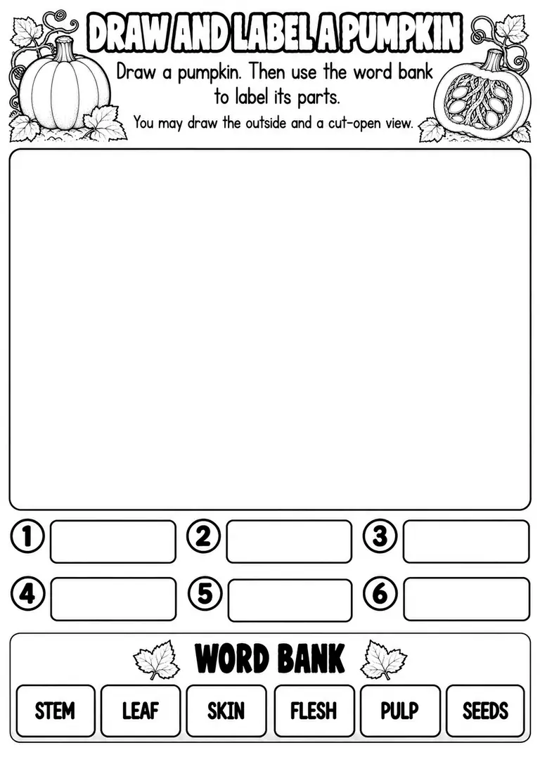 DRAW AND LABEL A PUMPKIN for Pre-K, Kindergarten, 1st Grade
