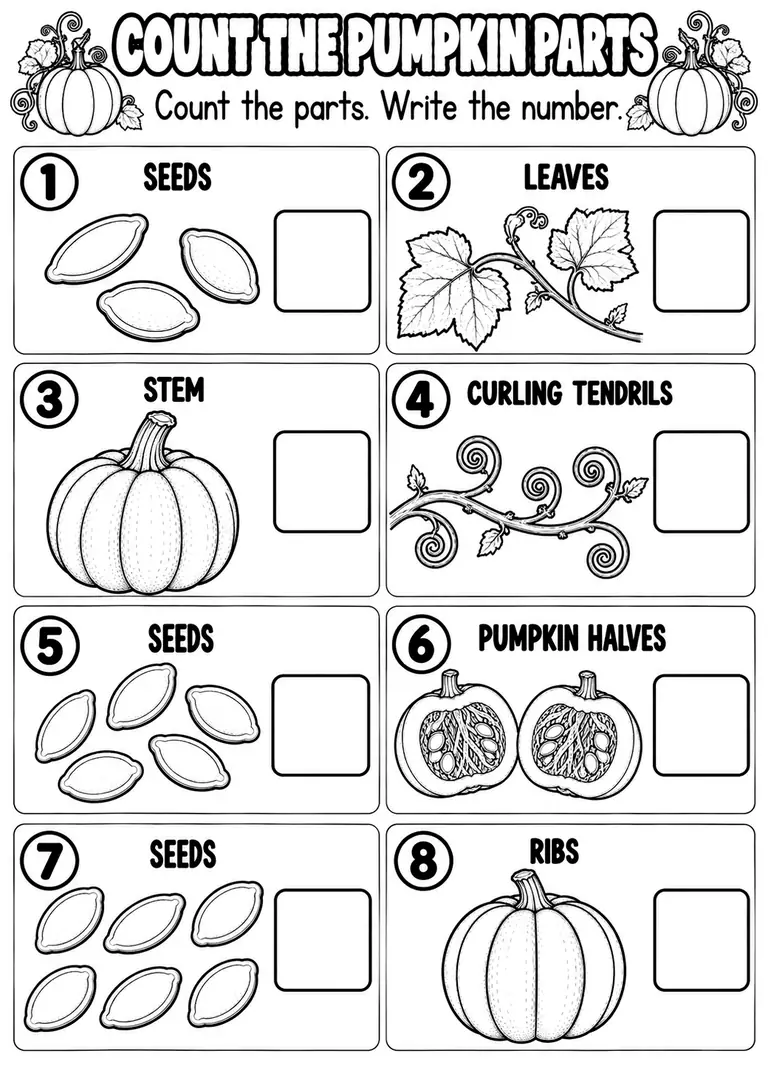 COUNT THE PUMPKIN PARTS for Pre-K, Kindergarten, 1st Grade