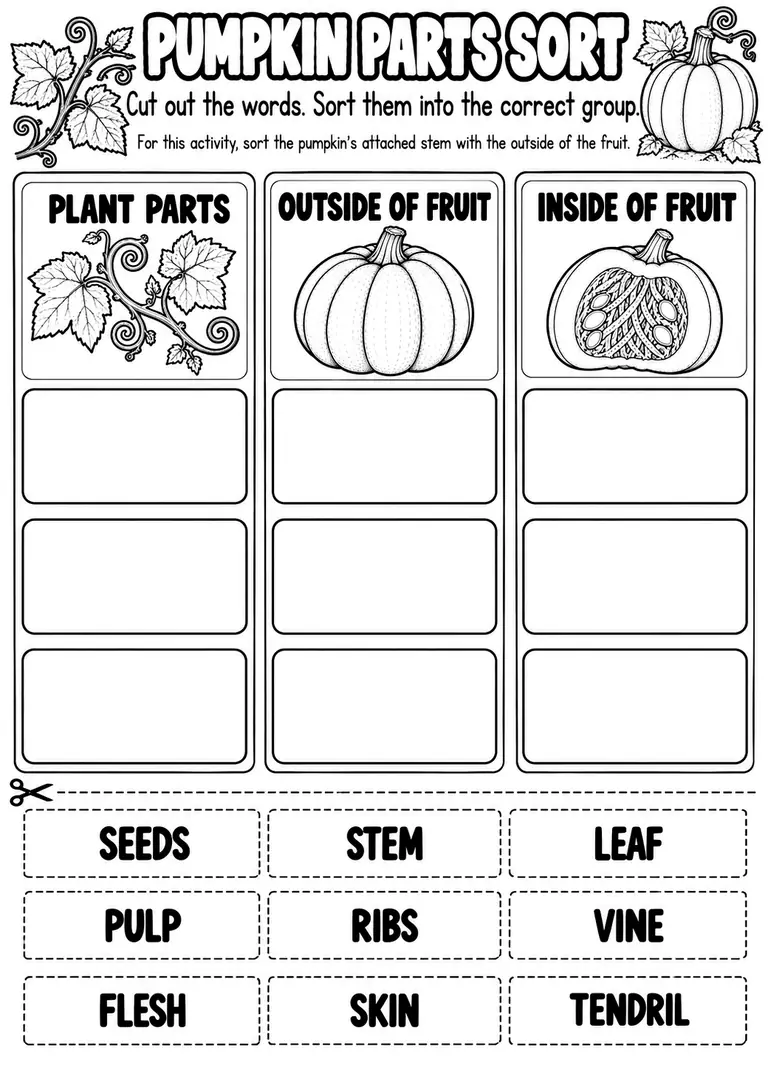 PUMPKIN PARTS SORT for Pre-K, Kindergarten, 1st Grade