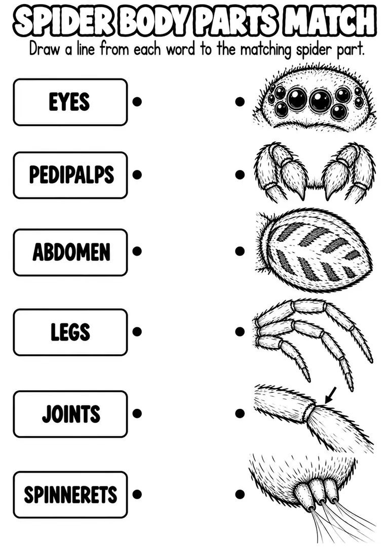 SPIDER BODY PARTS MATCH for Pre-K, Kindergarten, 1st Grade