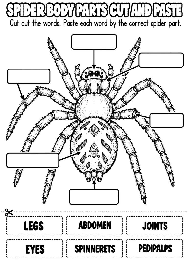 SPIDER BODY PARTS CUT AND PASTE for Pre-K, Kindergarten, 1st Grade