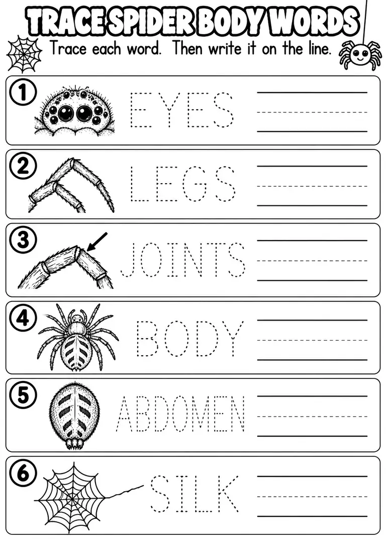 TRACE SPIDER BODY WORDS for Pre-K, Kindergarten, 1st Grade