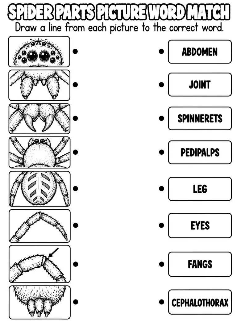 SPIDER PARTS PICTURE WORD MATCH for Pre-K, Kindergarten, 1st Grade