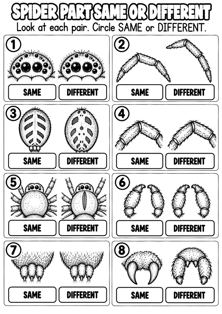 SPIDER PART SAME OR DIFFERENT for Pre-K, Kindergarten, 1st Grade