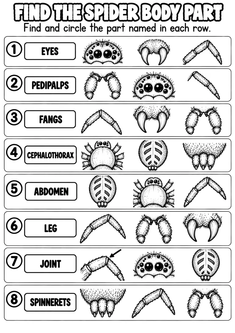 FIND THE SPIDER BODY PART for Pre-K, Kindergarten, 1st Grade
