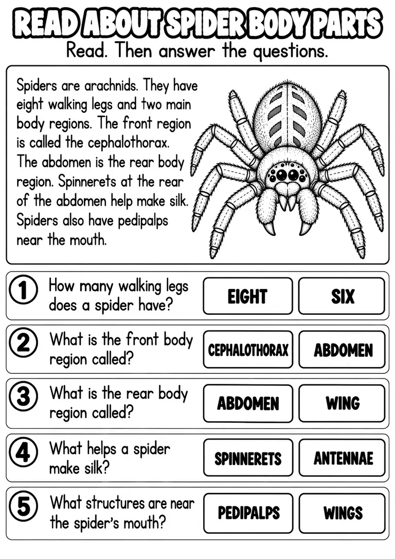 READ ABOUT SPIDER BODY PARTS for Pre-K, Kindergarten, 1st Grade