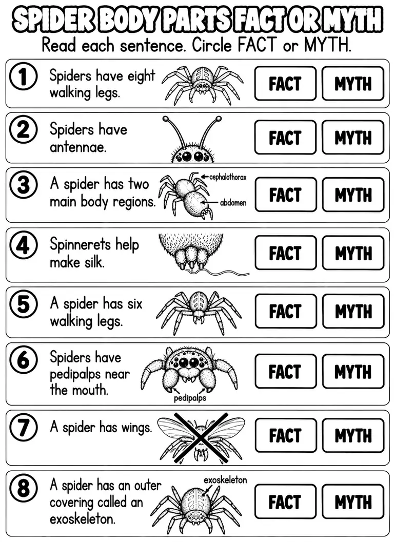 SPIDER BODY PARTS FACT OR MYTH for Pre-K, Kindergarten, 1st Grade