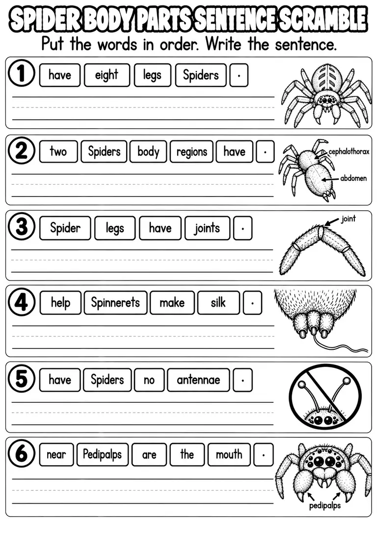 SPIDER BODY PARTS SENTENCE SCRAMBLE for Pre-K, Kindergarten, 1st Grade