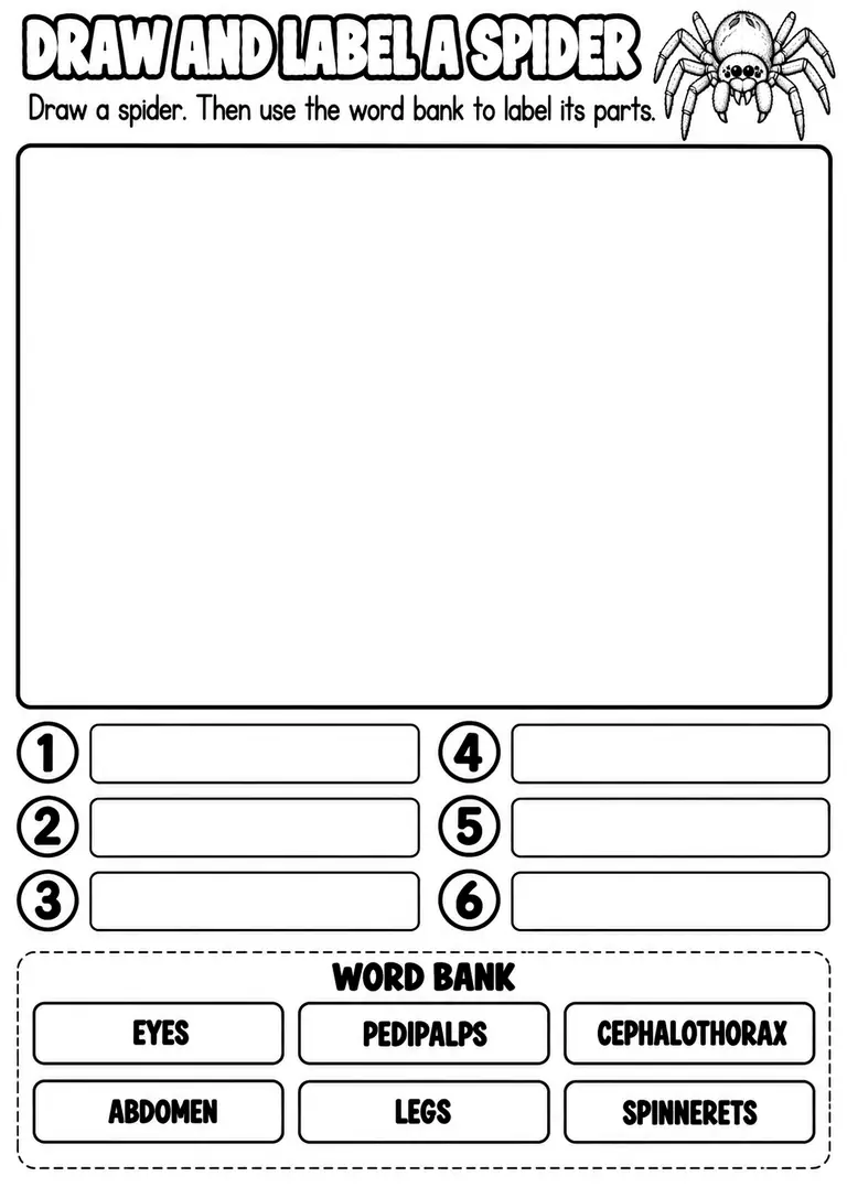 DRAW AND LABEL A SPIDER for Pre-K, Kindergarten, 1st Grade
