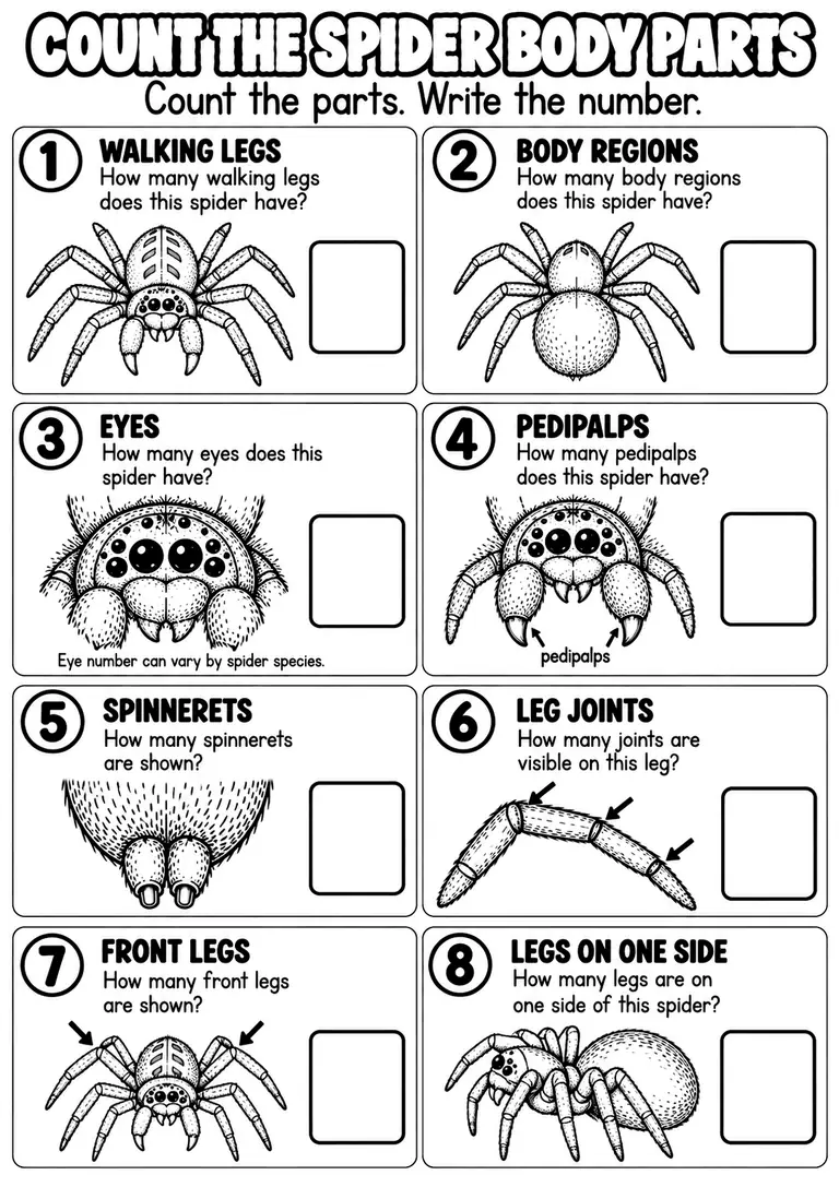 COUNT THE SPIDER BODY PARTS for Pre-K, Kindergarten, 1st Grade