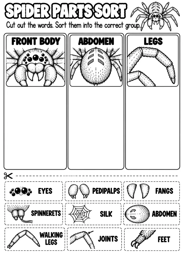 SPIDER PARTS SORT for Pre-K, Kindergarten, 1st Grade