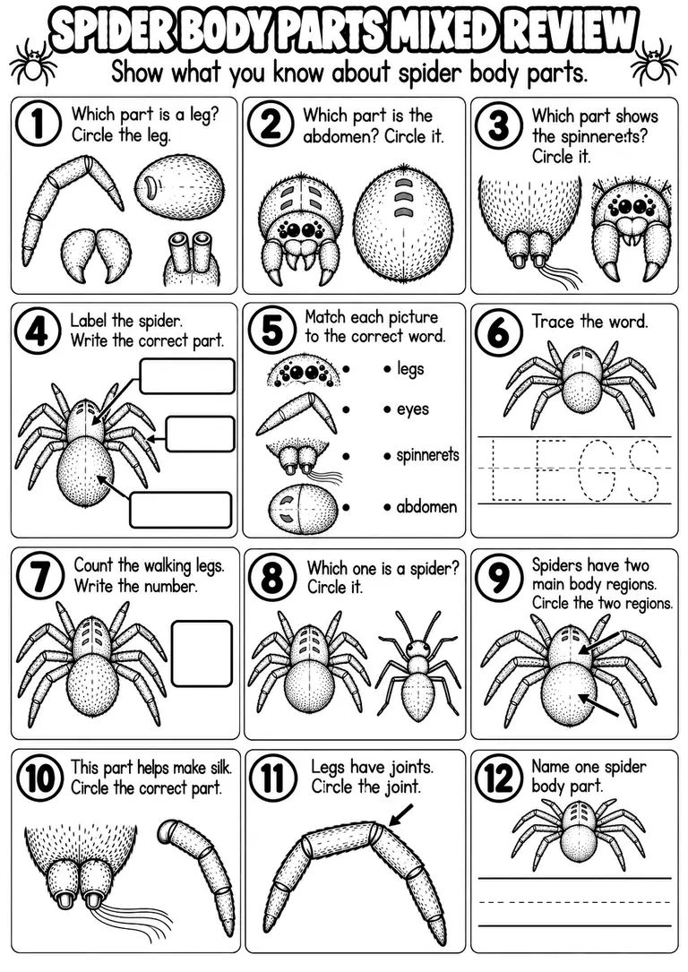 SPIDER BODY PARTS MIXED REVIEW for Pre-K, Kindergarten, 1st Grade