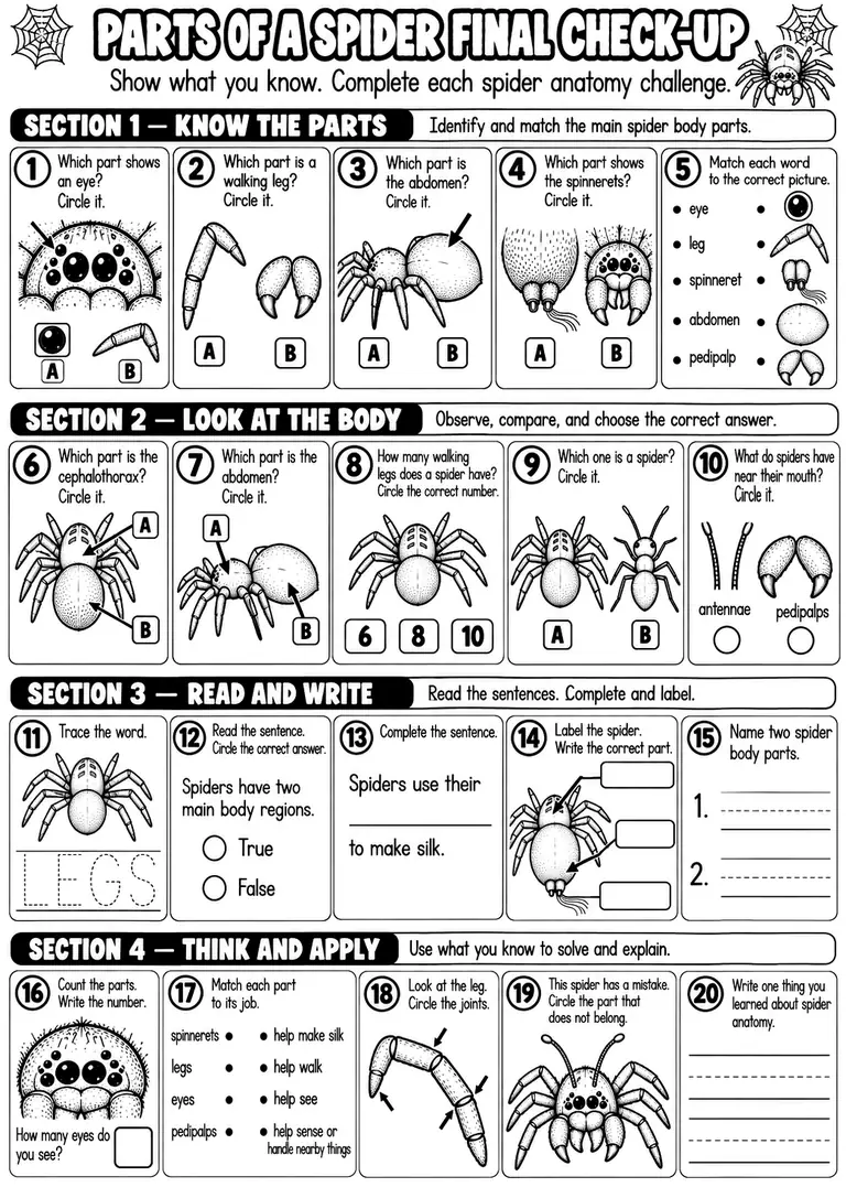 PARTS OF A SPIDER FINAL CHECK-UP for Pre-K, Kindergarten, 1st Grade