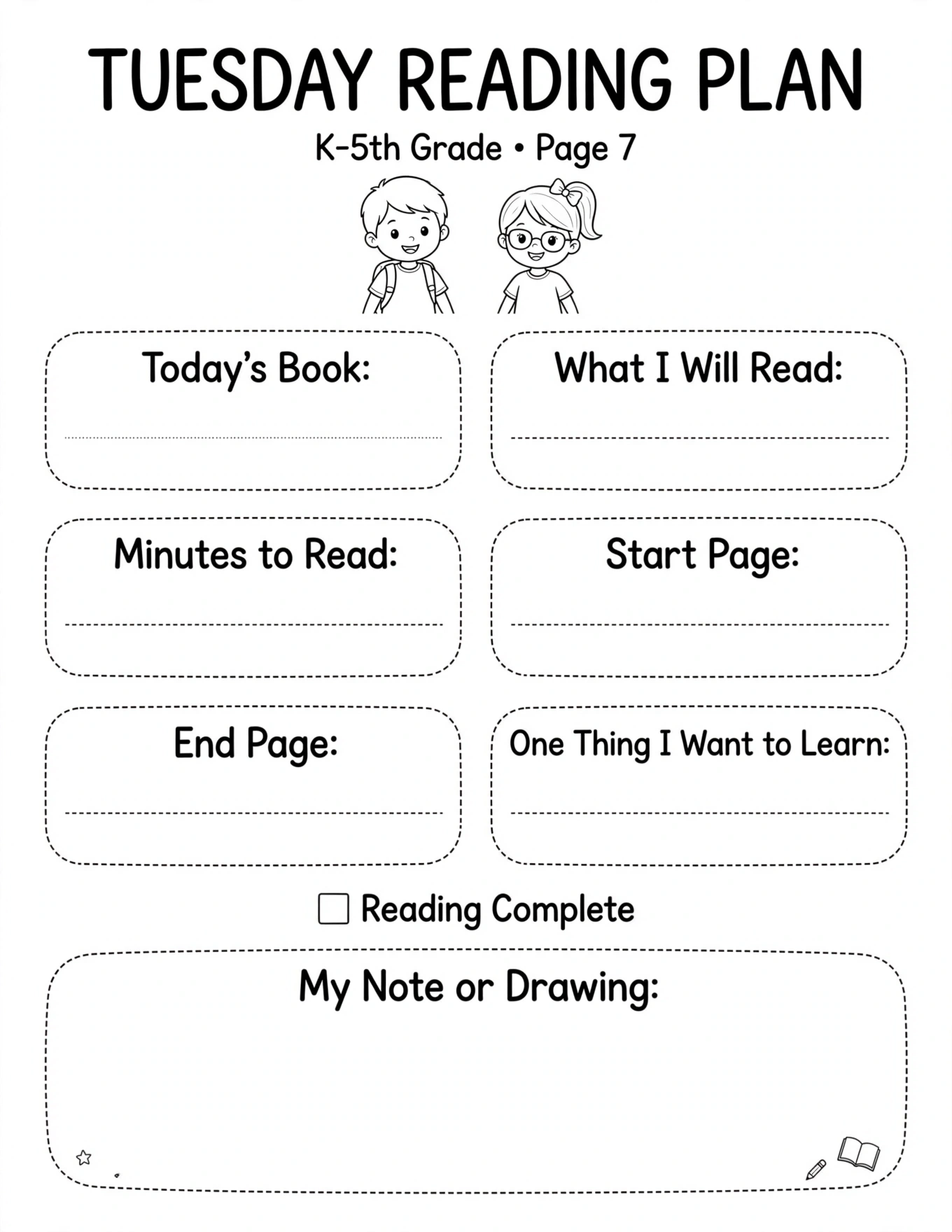 Reading Planner For Kids - TUESDAY READING PLAN
