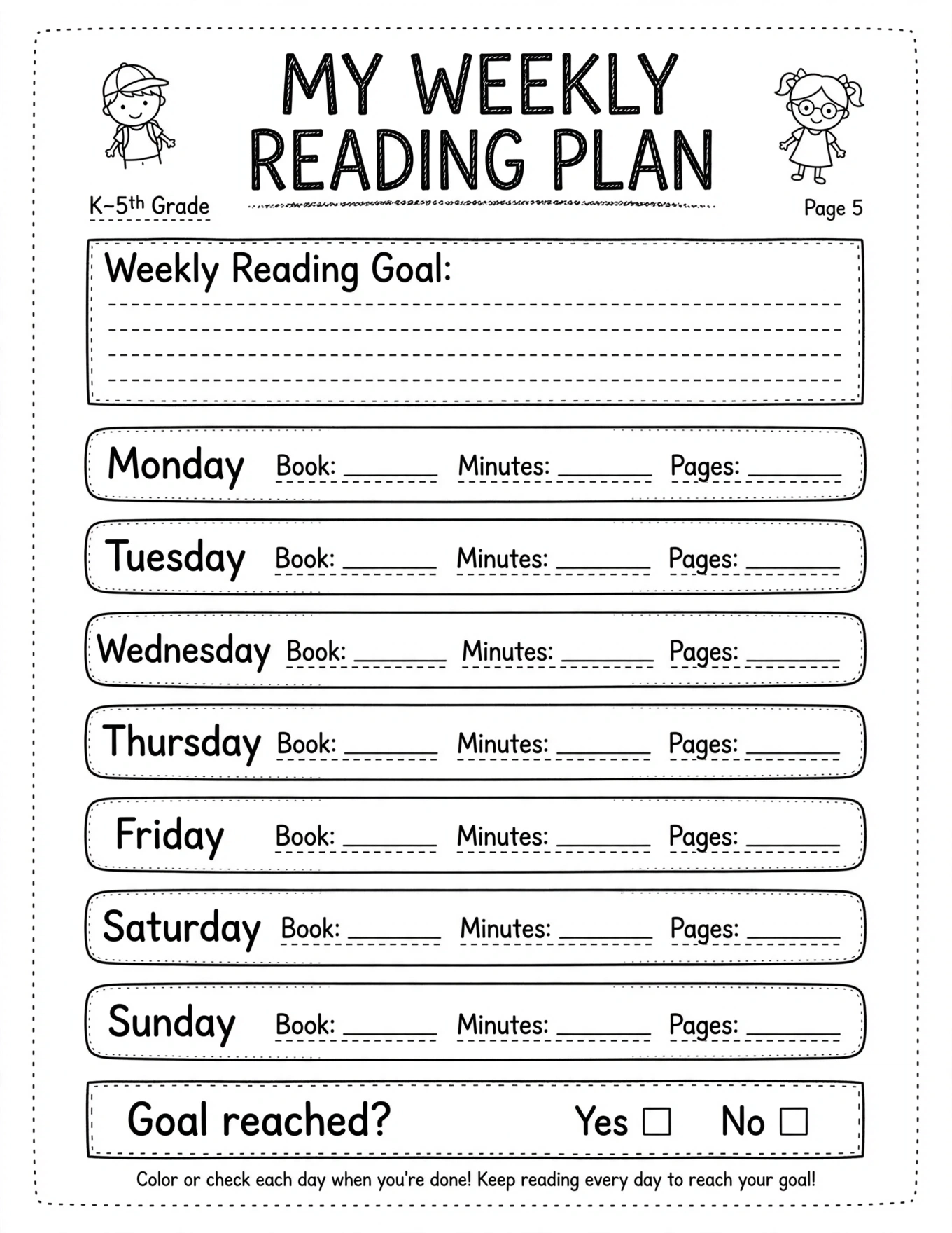 Reading Planner For Kids - WEDNESDAY READING PLAN