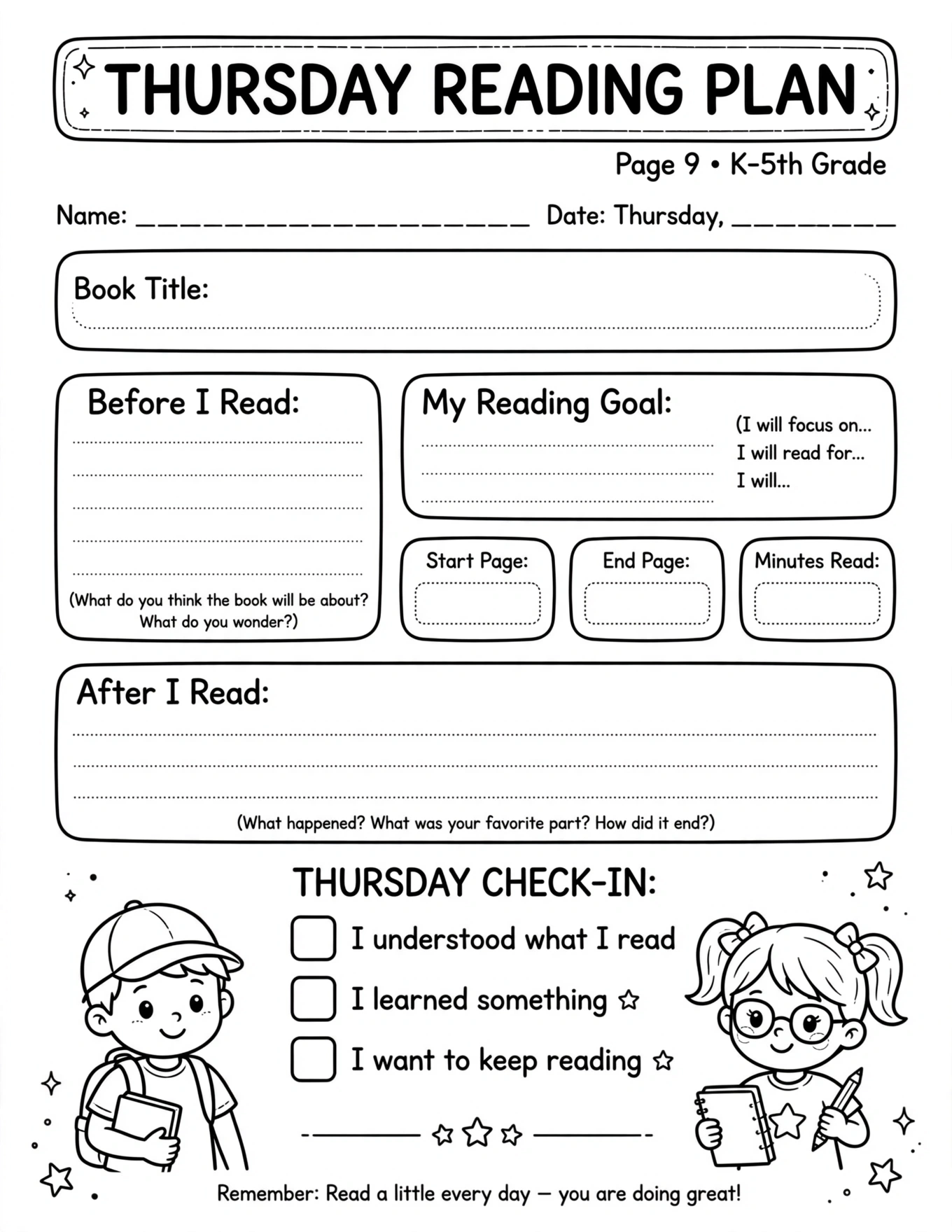 Reading Planner For Kids - THURSDAY READING PLAN