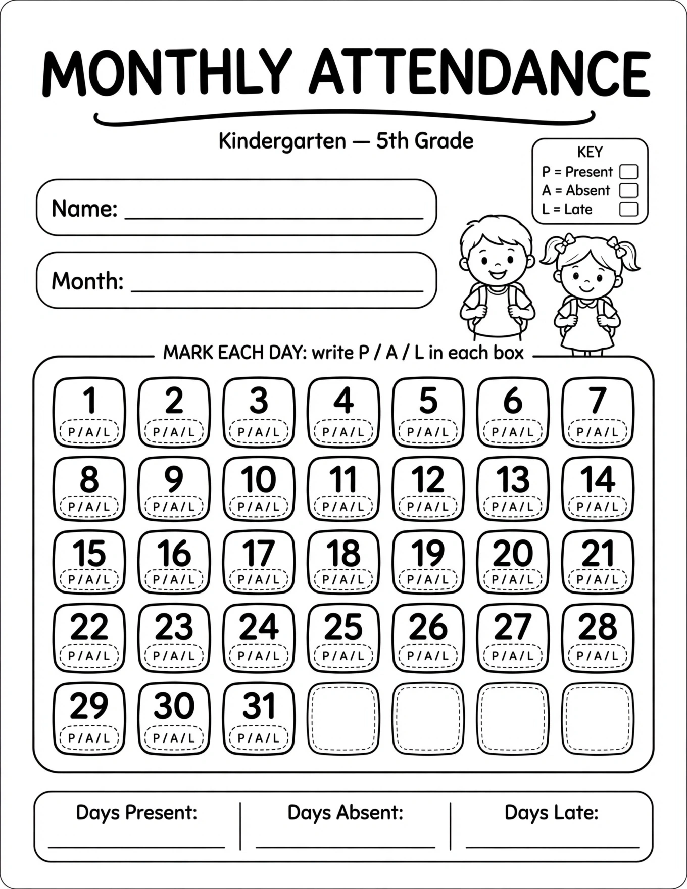 School Attendance Tracker For Kids - 5-DAY ATTENDANCE TRACKER