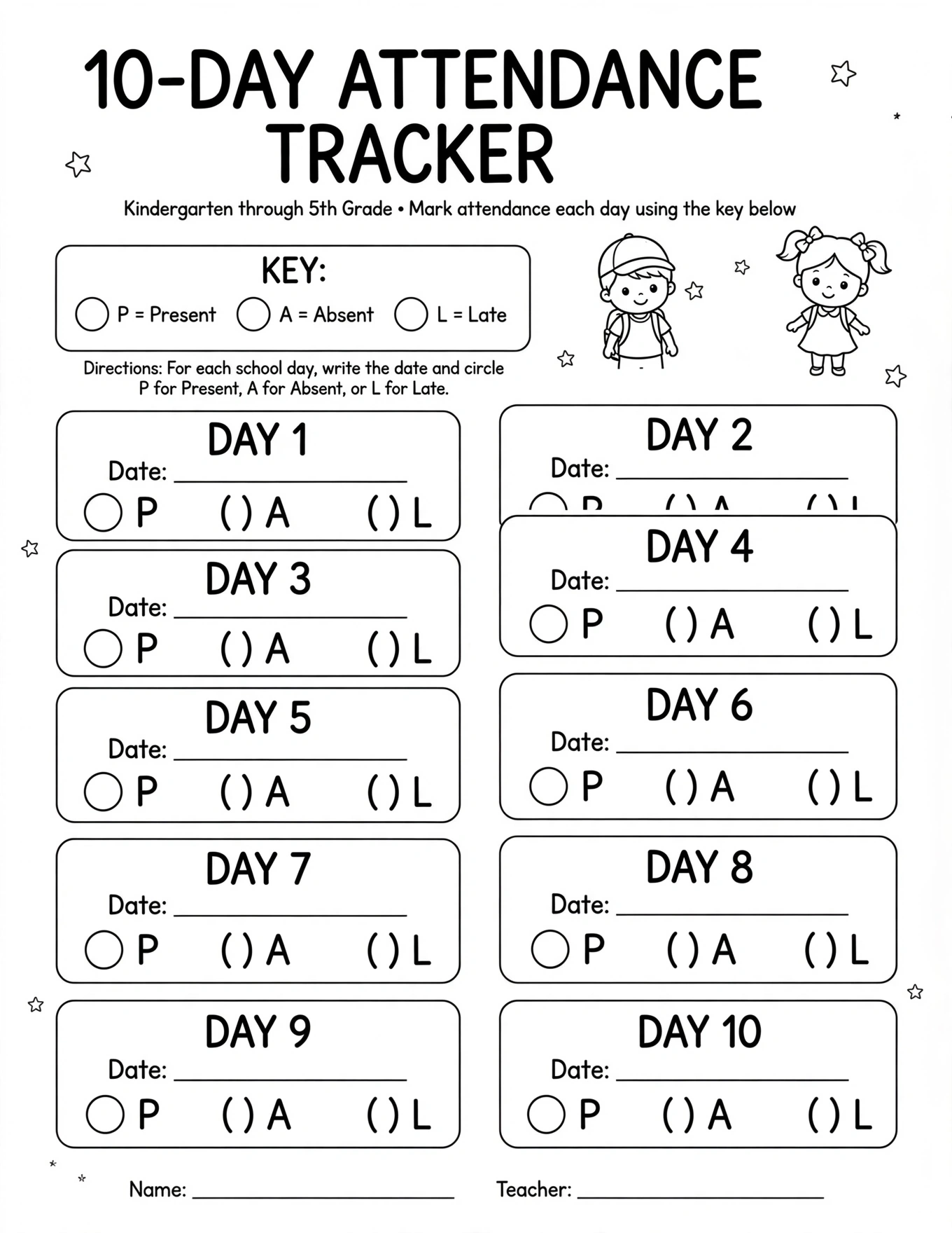 School Attendance Tracker For Kids - 20-DAY ATTENDANCE TRACKER