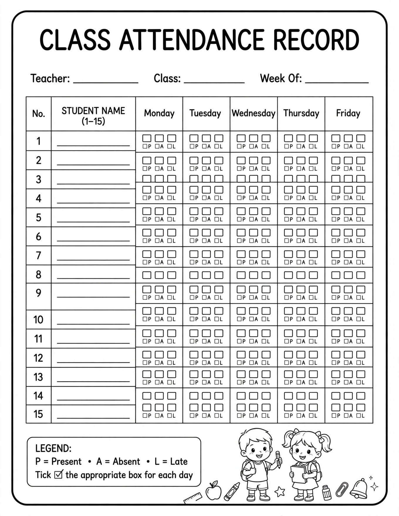 School Attendance Tracker For Kids - CLASS ATTENDANCE RECORD