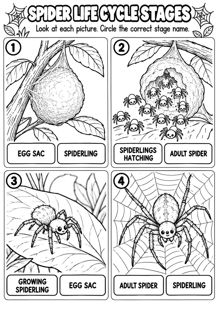 SPIDER LIFE CYCLE STAGES for Pre-K, Kindergarten, 1st Grade