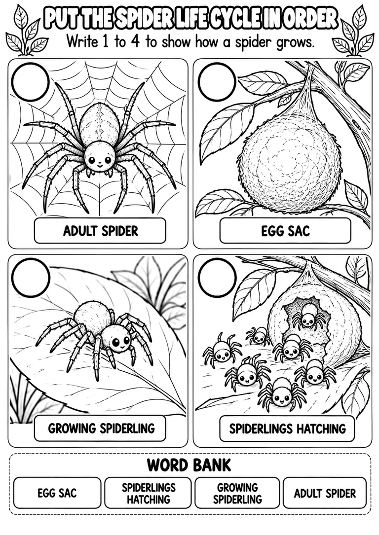 PUT THE SPIDER LIFE CYCLE IN ORDER for Pre-K, Kindergarten, 1st Grade