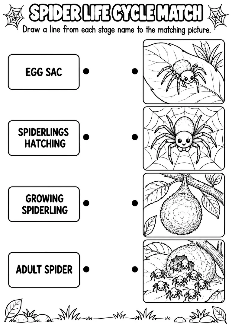 SPIDER LIFE CYCLE MATCH for Pre-K, Kindergarten, 1st Grade