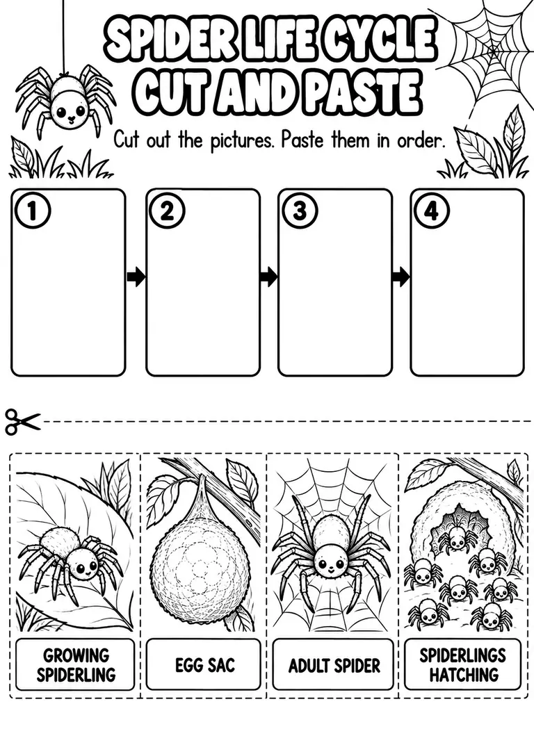 SPIDER LIFE CYCLE CUT AND PASTE for Pre-K, Kindergarten, 1st Grade