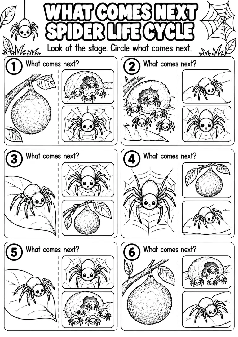 WHAT COMES NEXT SPIDER LIFE CYCLE for Pre-K, Kindergarten, 1st Grade