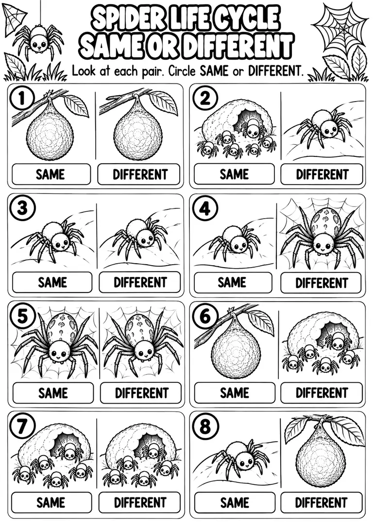 SPIDER LIFE CYCLE SAME OR DIFFERENT for Pre-K, Kindergarten, 1st Grade