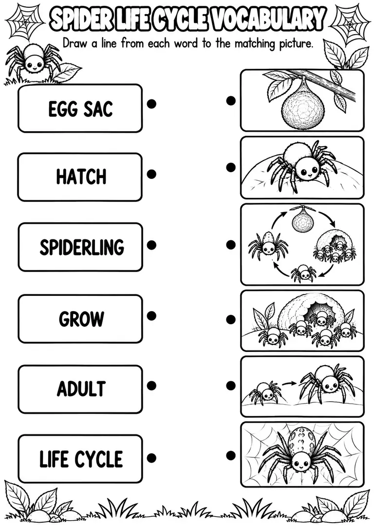 SPIDER LIFE CYCLE VOCABULARY for Pre-K, Kindergarten, 1st Grade